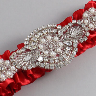 Red Satin Wedding Garter / Solid Red Wedding Garters / Charlotte # (299-299)-01-A06-Silver