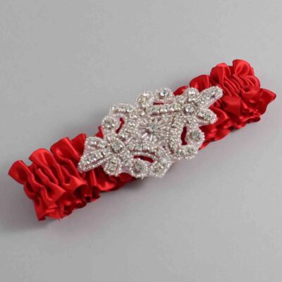 Red Satin Wedding Garter / Solid Red Wedding Garters / Heather # (299-299)-01-A07-Silver