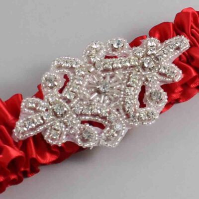 Red Satin Wedding Garter / Solid Red Wedding Garters / Heather # (299-299)-01-A07-Silver