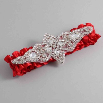 Red Satin Wedding Garter / Solid Red Wedding Garters / Lorine # (299-299)-01-A09-Silver