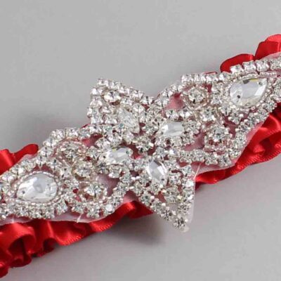 Red Satin Wedding Garter / Solid Red Wedding Garters / Lorine # (299-299)-01-A09-Silver