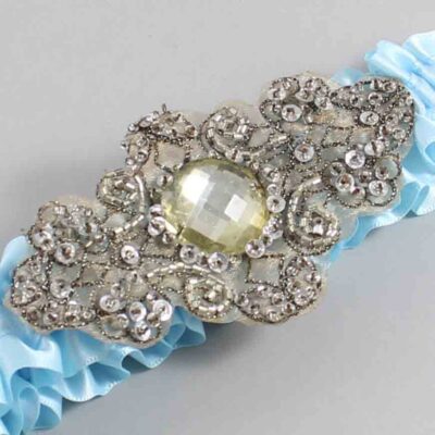 Alice Blue Satin with Brown Wedding Garter / Blue Wedding Garters / Bijou # (305-305)-01-A01-Antique