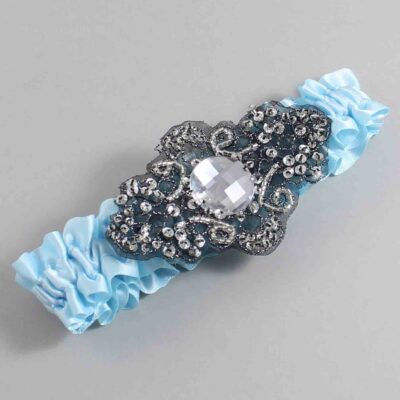 Alice Blue Satin with Black Wedding Garter / Blue Wedding Garters / Bijou # (305-305)-01-A02-Black