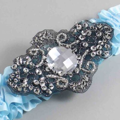 Alice Blue Satin with Black Wedding Garter / Blue Wedding Garters / Bijou # (305-305)-01-A02-Black