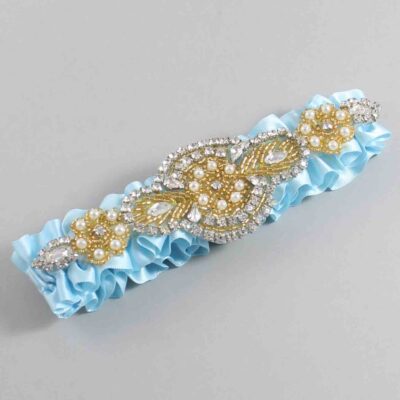 Alice Blue Satin with Gold Wedding Garter / Blue Wedding Garters / Charlotte # (305-305)-01-A05-Gold