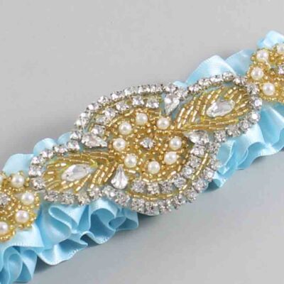 Alice Blue Satin with Gold Wedding Garter / Blue Wedding Garters / Charlotte # (305-305)-01-A05-Gold