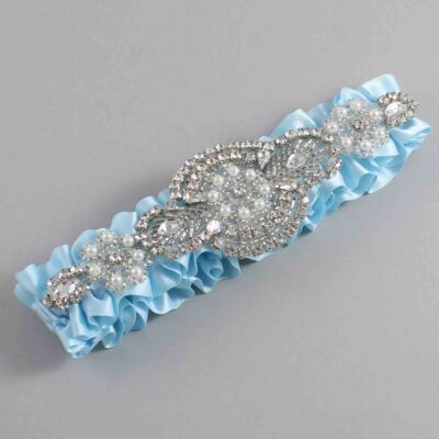 Alice Blue Satin Wedding Garter / Solid Blue Wedding Garters / Charlotte # (305-305)-01-A06-Silver