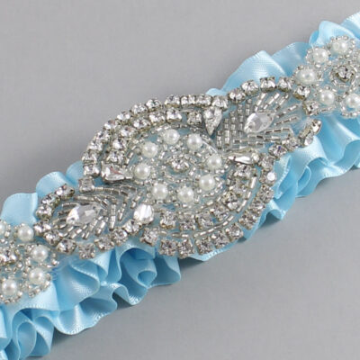 Alice Blue Satin Wedding Garter / Solid Blue Wedding Garters / Charlotte # (305-305)-01-A06-Silver
