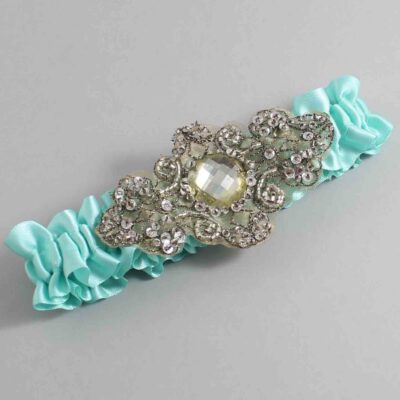 Aqua Satin with Brown Wedding Garter / Teal Wedding Garters / Bijou # (314-314)-01-A01-Antique