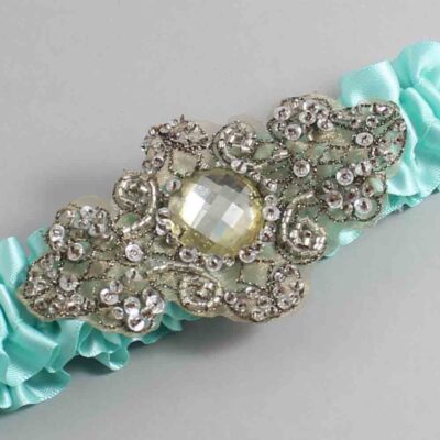 Aqua Satin with Brown Wedding Garter / Teal Wedding Garters / Bijou # (314-314)-01-A01-Antique
