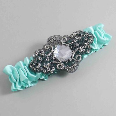 Aqua Satin with Black Wedding Garter / Teal Wedding Garters / Bijou # (314-314)-01-A02-Black