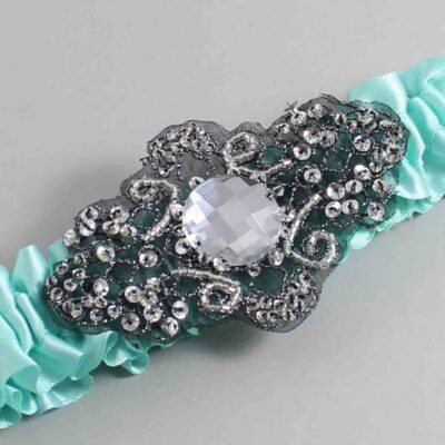 Aqua Satin with Black Wedding Garter / Teal Wedding Garters / Bijou # (314-314)-01-A02-Black