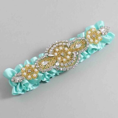 Aqua Satin with Gold Wedding Garter / Teal Wedding Garters / Charlotte # (314-314)-01-A05-Gold