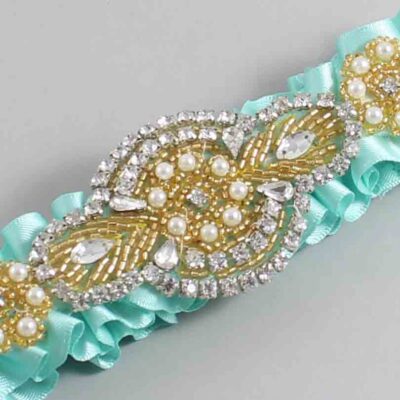 Aqua Satin with Gold Wedding Garter / Teal Wedding Garters / Charlotte # (314-314)-01-A05-Gold