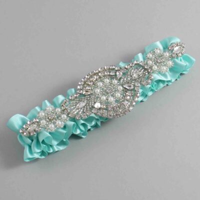 Aqua Satin Wedding Garter / Solid Teal Wedding Garters / Charlotte # (314-314)-01-A06-Silver