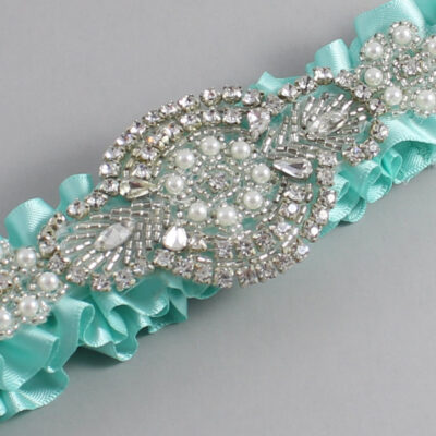 Aqua Satin Wedding Garter / Solid Teal Wedding Garters / Charlotte # (314-314)-01-A06-Silver