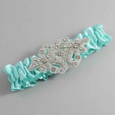 Aqua Satin Wedding Garter / Solid Teal Wedding Garters / Heather # (314-314)-01-A07-Silver
