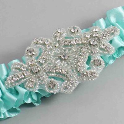 Aqua Satin Wedding Garter / Solid Teal Wedding Garters / Heather # (314-314)-01-A07-Silver