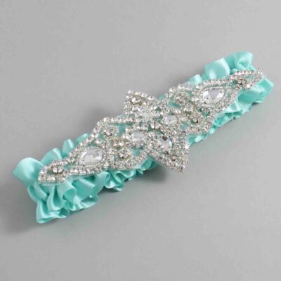 Aqua Satin Wedding Garter / Solid Teal Wedding Garters / Lorine # (314-314)-01-A09-Silver