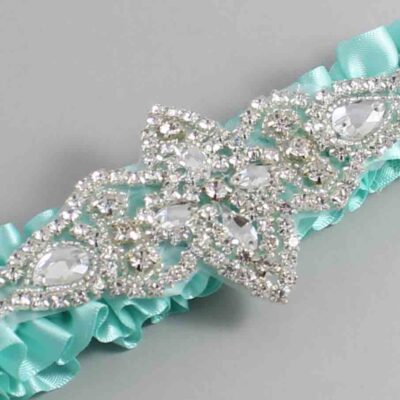 Aqua Satin Wedding Garter / Solid Teal Wedding Garters / Lorine # (314-314)-01-A09-Silver