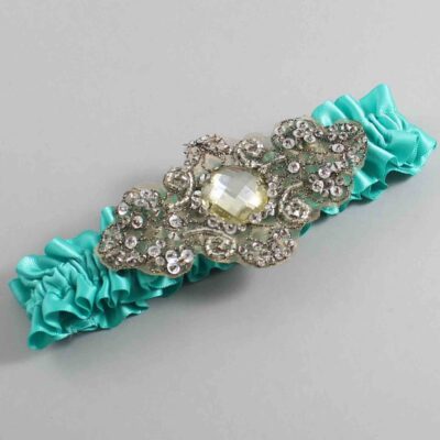 Tropic Satin with Brown Wedding Garter / Teal Wedding Garters / Bijou # (323-323)-01-A01-Antique