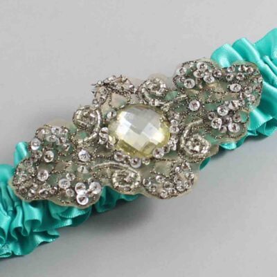 Tropic Satin with Brown Wedding Garter / Teal Wedding Garters / Bijou # (323-323)-01-A01-Antique