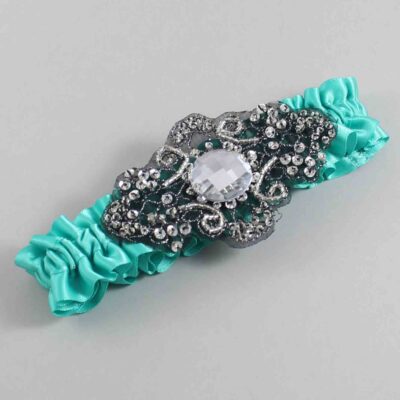 Tropic Satin with Black Wedding Garter / Teal Wedding Garters / Bijou # (323-323)-01-A02-Black