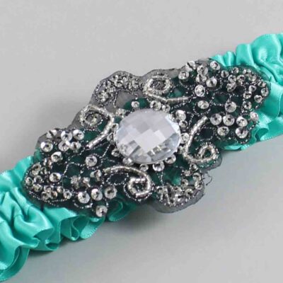 Tropic Satin with Black Wedding Garter / Teal Wedding Garters / Bijou # (323-323)-01-A02-Black
