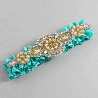 Tropic Satin with Gold Wedding Garter / Teal Wedding Garters / Charlotte # (323-323)-01-A05-Gold
