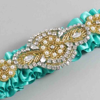 Tropic Satin with Gold Wedding Garter / Teal Wedding Garters / Charlotte # (323-323)-01-A05-Gold