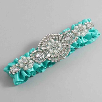 Tropic Satin Wedding Garter / Solid Teal Wedding Garters / Charlotte # (323-323)-01-A06-Silver