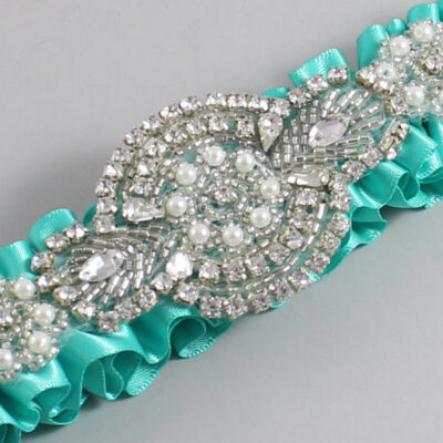 Tropic Satin Wedding Garter / Solid Teal Wedding Garters / Charlotte # (323-323)-01-A06-Silver