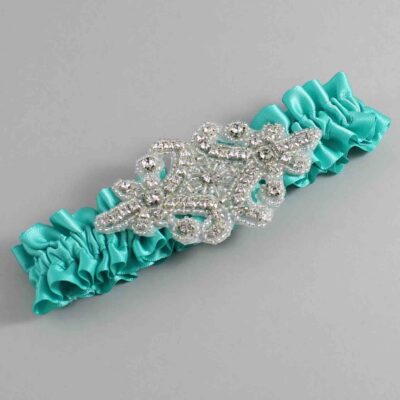 Tropic Satin Wedding Garter / Solid Teal Wedding Garters / Heather # (323-323)-01-A07-Silver
