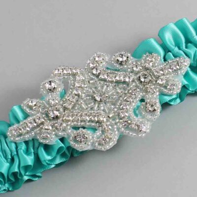 Tropic Satin Wedding Garter / Solid Teal Wedding Garters / Heather # (323-323)-01-A07-Silver