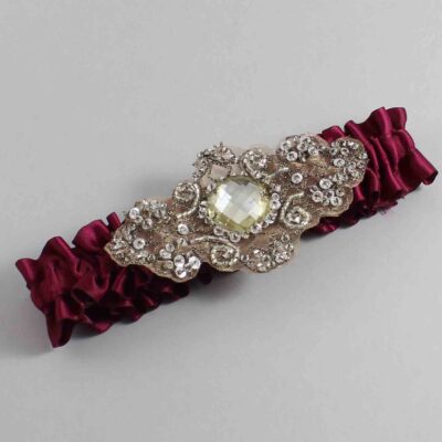 Wine Satin with Brown Wedding Garter / Burgundy Wedding Garters / Bijou # (332-332)-01-A01-Antique
