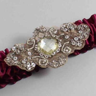 Wine Satin with Brown Wedding Garter / Burgundy Wedding Garters / Bijou # (332-332)-01-A01-Antique
