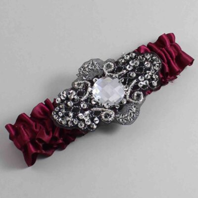 Wine Satin with Black Wedding Garter / Burgundy Wedding Garters / Bijou # (332-332)-01-A02-Black