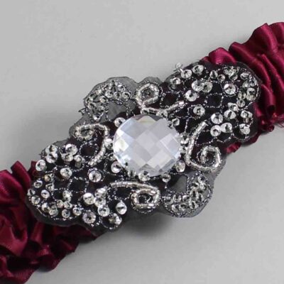 Wine Satin with Black Wedding Garter / Burgundy Wedding Garters / Bijou # (332-332)-01-A02-Black