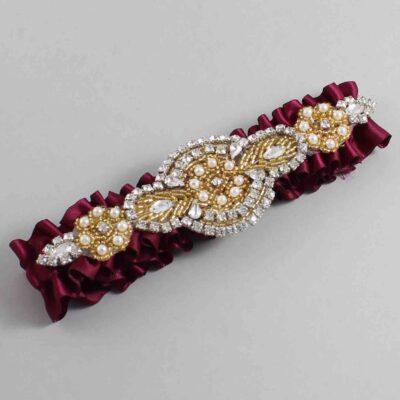Wine Satin with Gold Wedding Garter / Burgundy Wedding Garters / Charlotte # (332-332)-01-A05-Gold