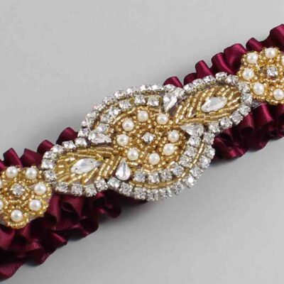 Wine Satin with Gold Wedding Garter / Burgundy Wedding Garters / Charlotte # (332-332)-01-A05-Gold