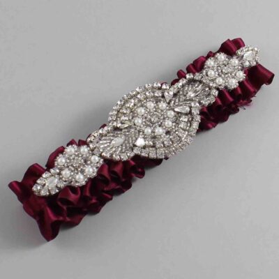 Wine Satin Wedding Garter / Solid Burgundy Wedding Garters / Charlotte # (332-332)-01-A06-Silver