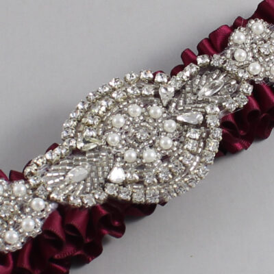 Wine Satin Wedding Garter / Solid Burgundy Wedding Garters / Charlotte # (332-332)-01-A06-Silver