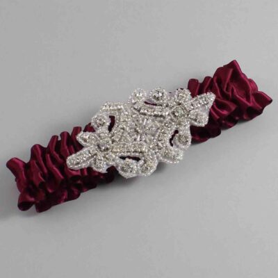 Wine Satin Wedding Garter / Solid Burgundy Wedding Garters / Heather # (332-332)-01-A07-Silver