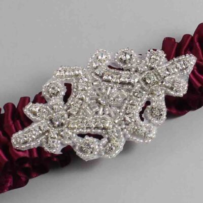 Wine Satin Wedding Garter / Solid Burgundy Wedding Garters / Heather # (332-332)-01-A07-Silver