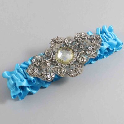 Turquoise Satin with Brown Wedding Garter / Blue Wedding Garters / Bijou # (340-340)-01-A01-Antique