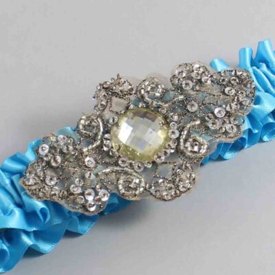 Turquoise Satin with Brown Wedding Garter / Blue Wedding Garters / Bijou # (340-340)-01-A01-Antique