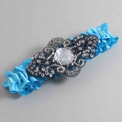 Turquoise Satin with Black Wedding Garter / Blue Wedding Garters / Bijou # (340-340)-01-A02-Black