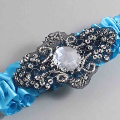 Turquoise Satin with Black Wedding Garter / Blue Wedding Garters / Bijou # (340-340)-01-A02-Black
