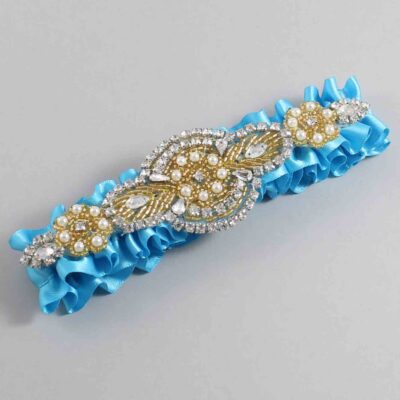Turquoise Satin with Gold Wedding Garter / Blue Wedding Garters / Charlotte # (340-340)-01-A05-Gold