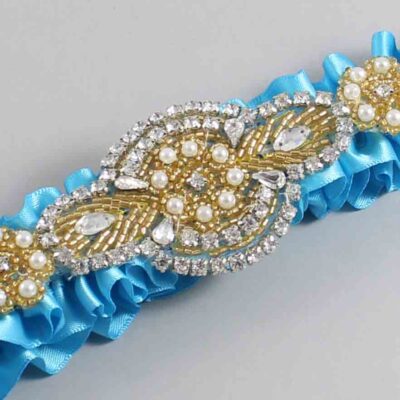 Turquoise Satin with Gold Wedding Garter / Blue Wedding Garters / Charlotte # (340-340)-01-A05-Gold